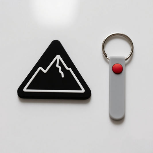 Minimalist Black Triangle Fridge Magnet and Gray Keychain