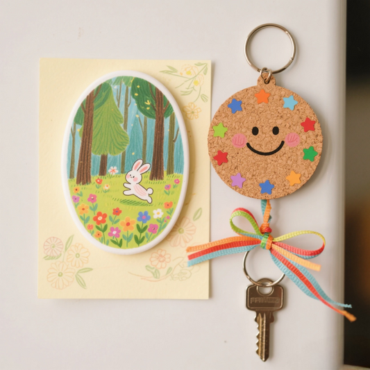 Cartoon Forest Rabbit Fridge Sticker and Starry Keychain