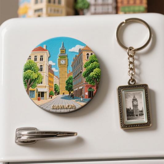 London-themed Refrigerator Magnet and Keychain Set